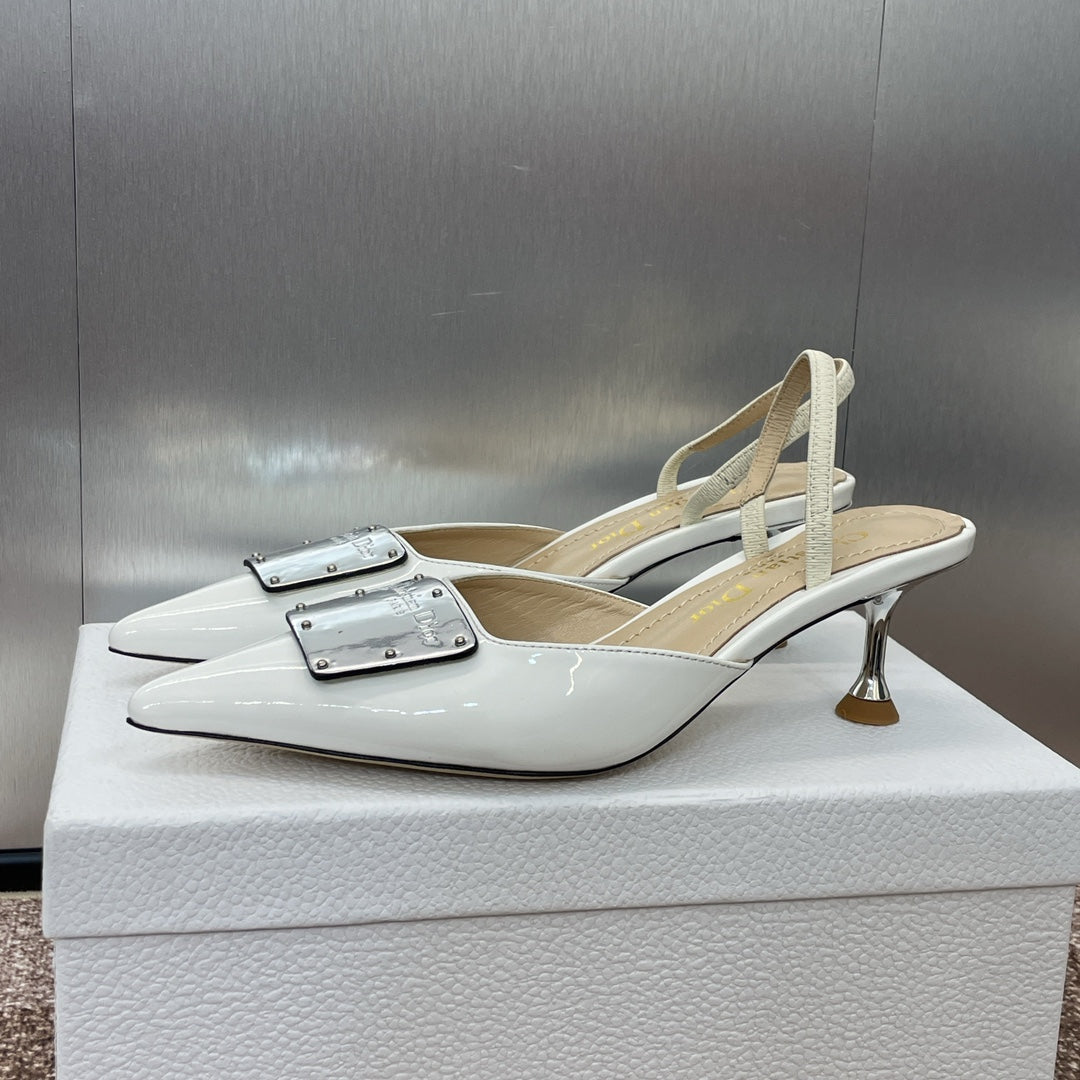 CD Slingback 65mm Glossy White Cowhide