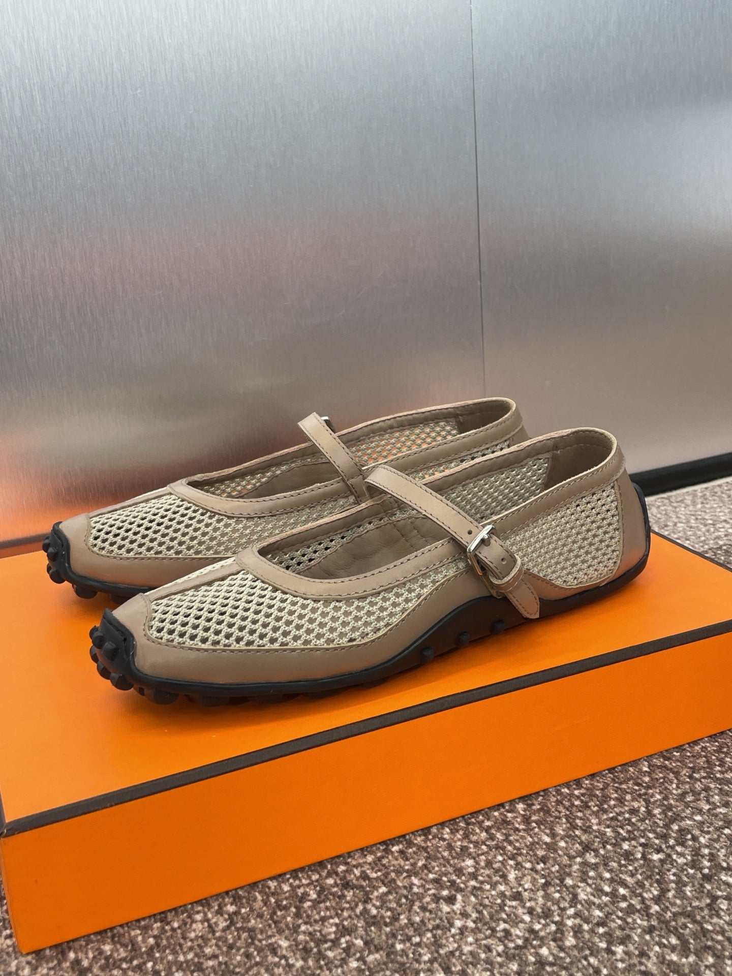 HM 25C Kichu Ballet Flat Tortilla Brown Fabric with Calfskin 208281