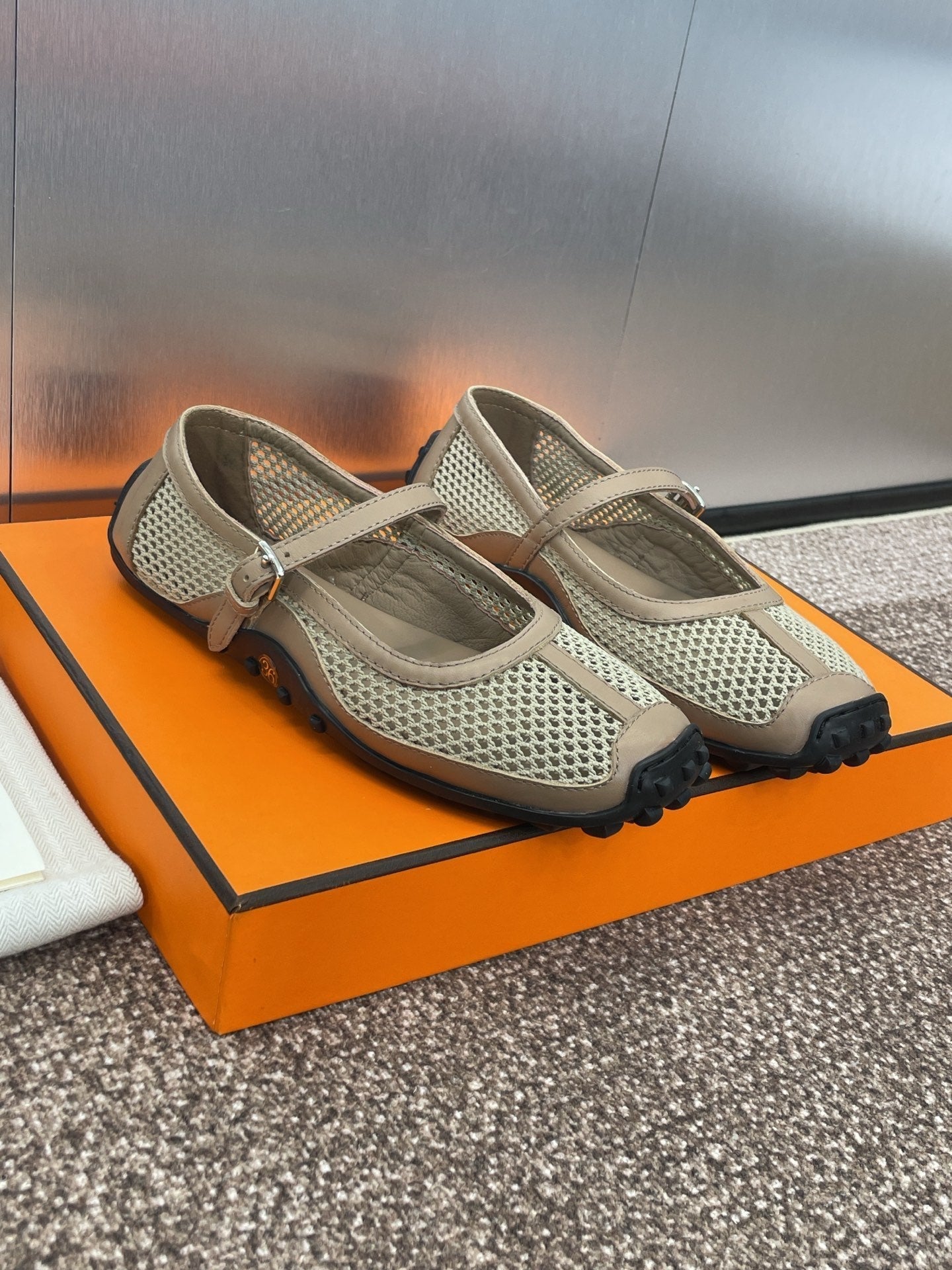 HM 25C Kichu Ballet Flat Tortilla Brown Fabric with Calfskin 208281