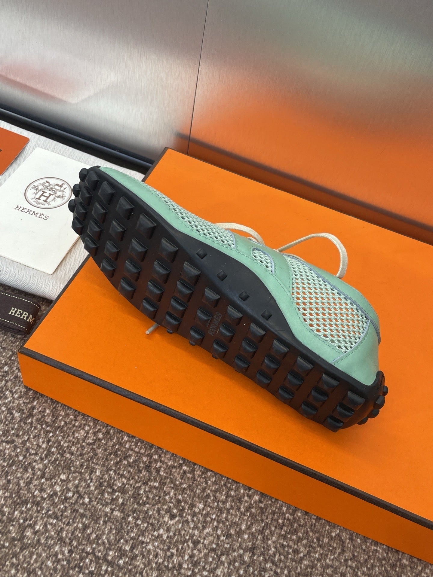 HM 25C Kiga Sneaker Mint green Crochet knit with Calfskin 208289