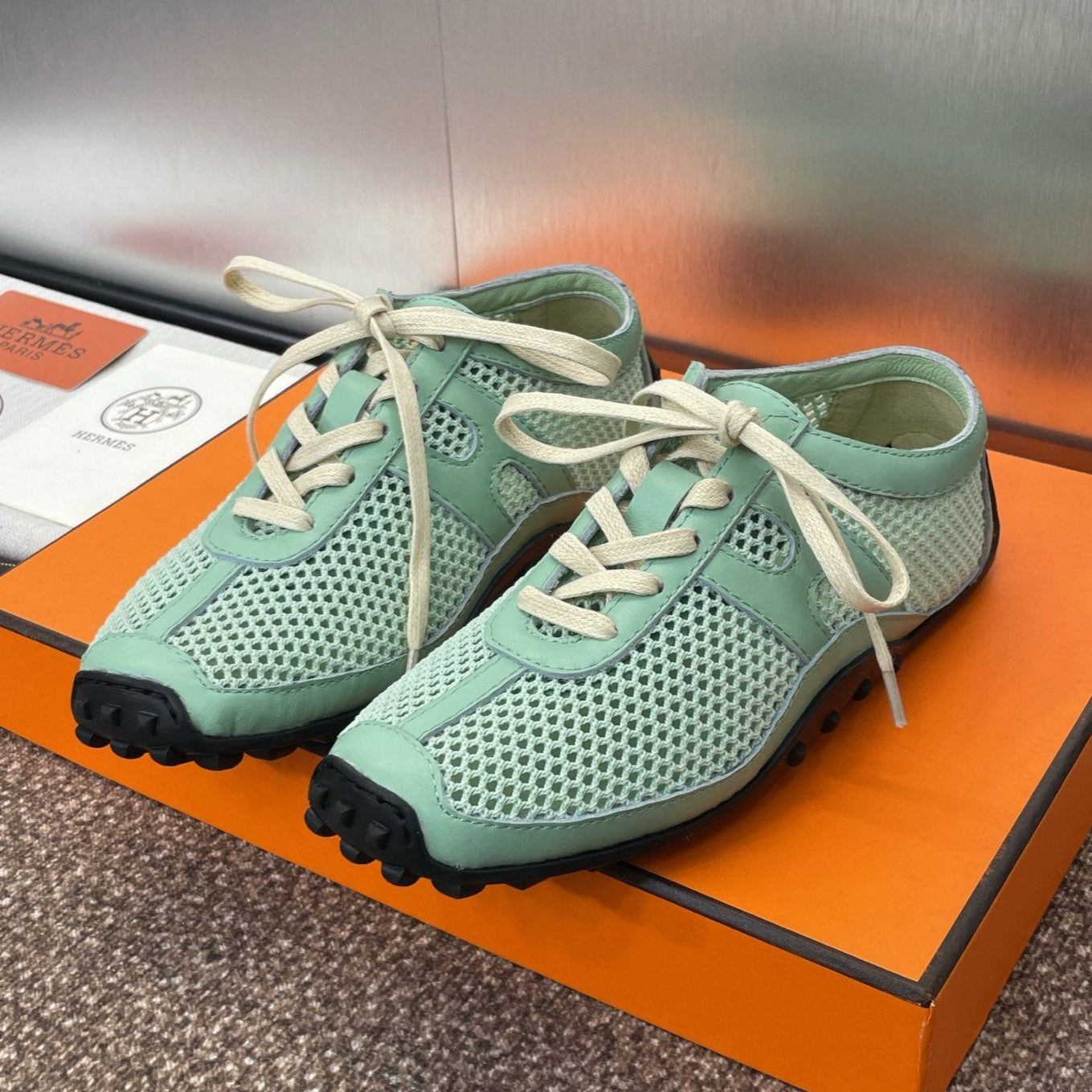 HM 25C Kiga Sneaker Mint green Crochet knit with Calfskin 208289