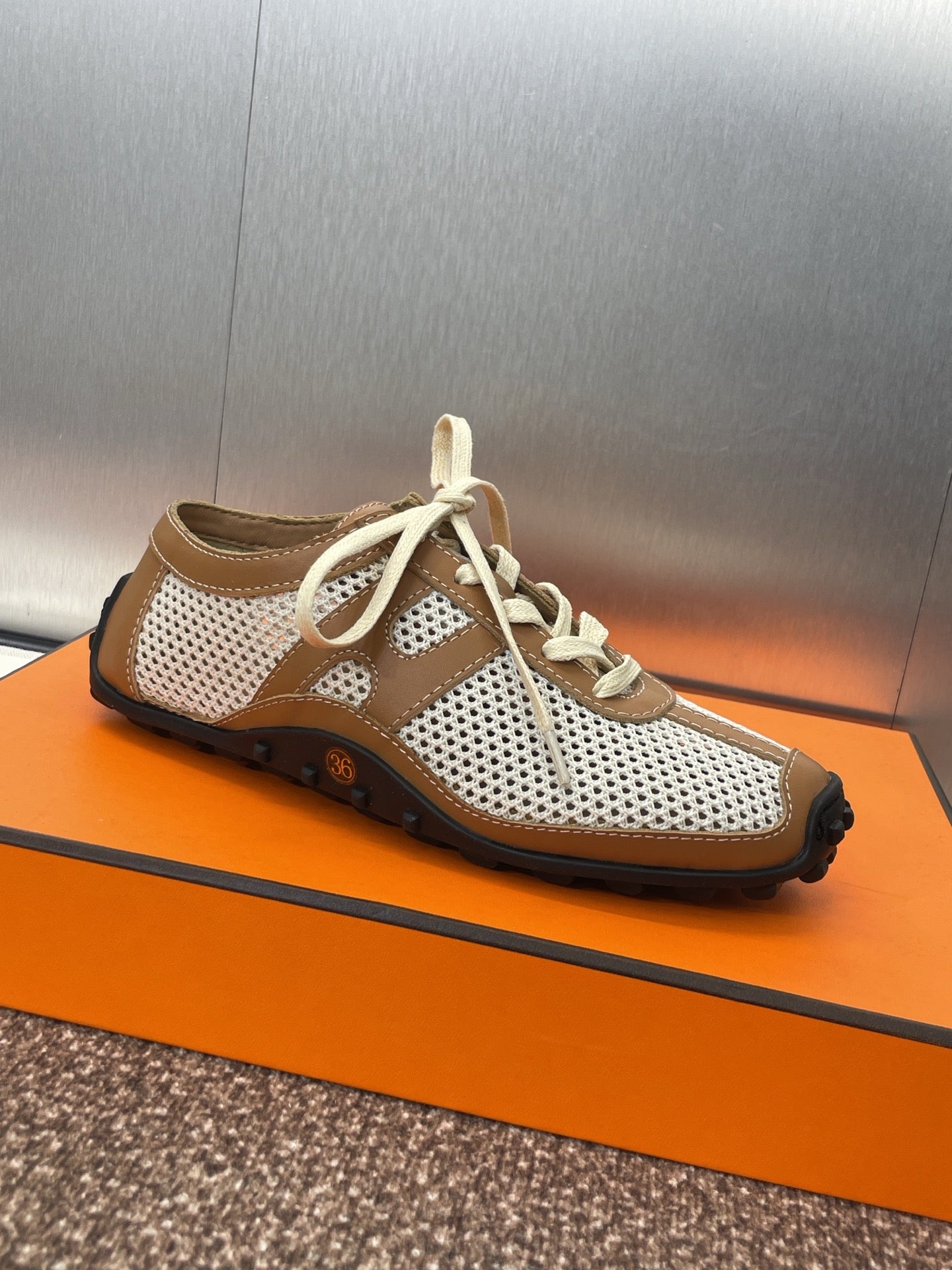 HM 25C Kiga sneaker Brown mix White Crochet knit with Calfskin 208291