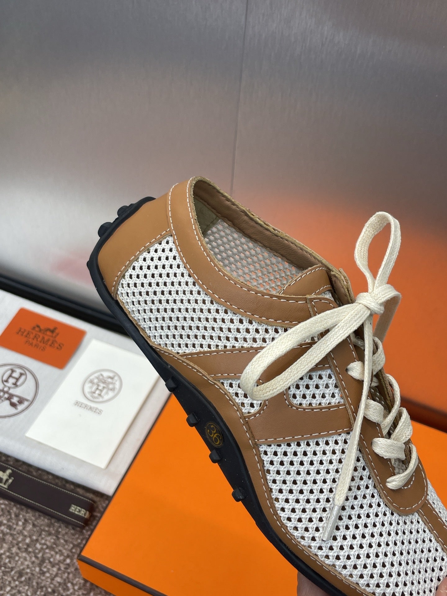 HM 25C Kiga sneaker Brown mix White Crochet knit with Calfskin 208291