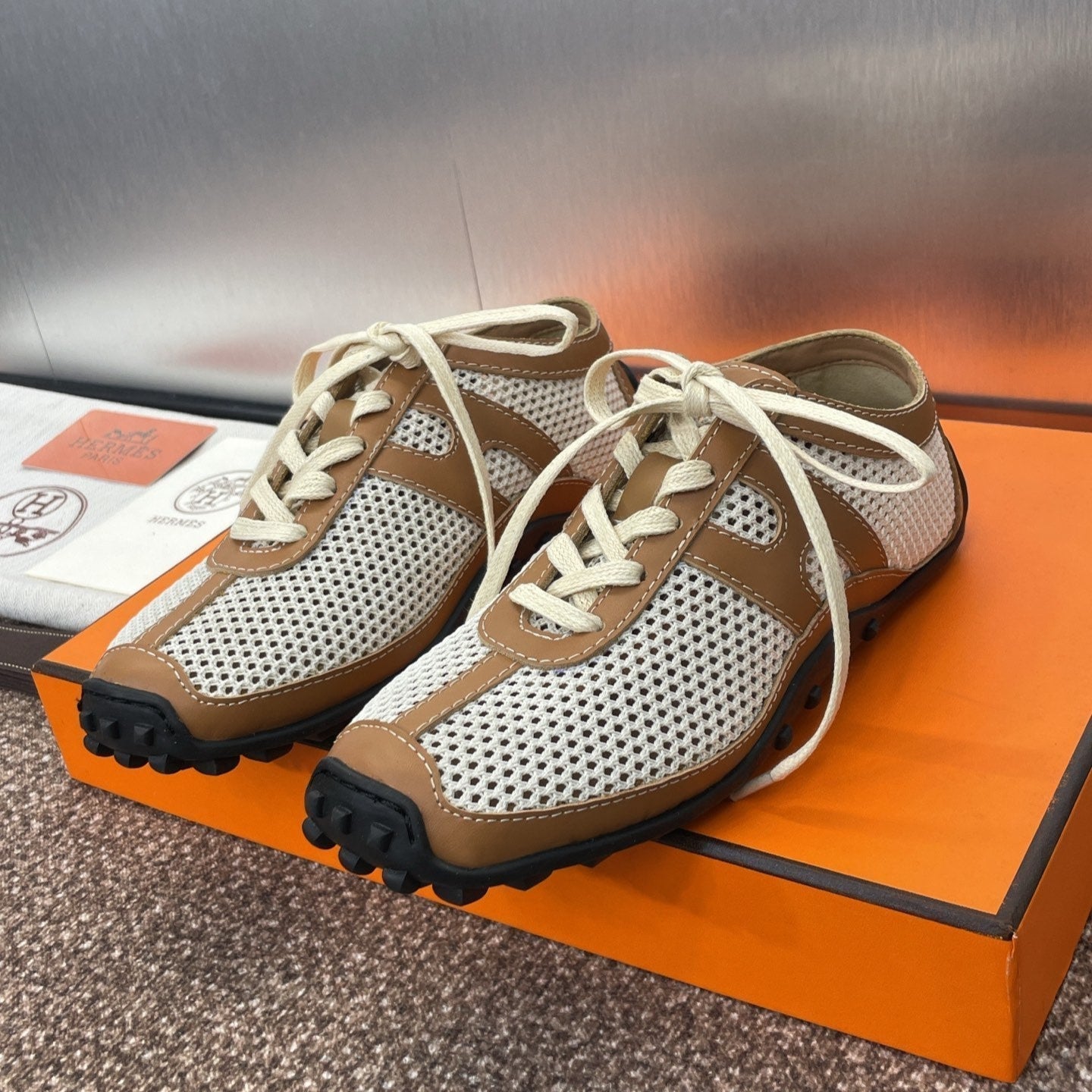 HM 25C Kiga sneaker Brown mix White Crochet knit with Calfskin 208291