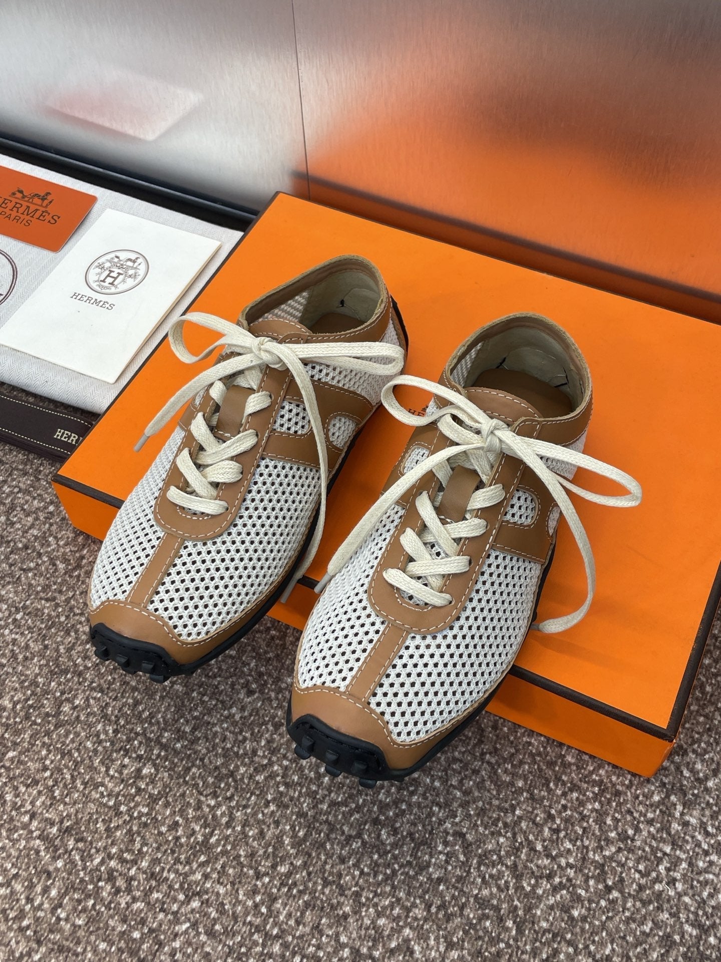 HM 25C Kiga sneaker Brown mix White Crochet knit with Calfskin 208291