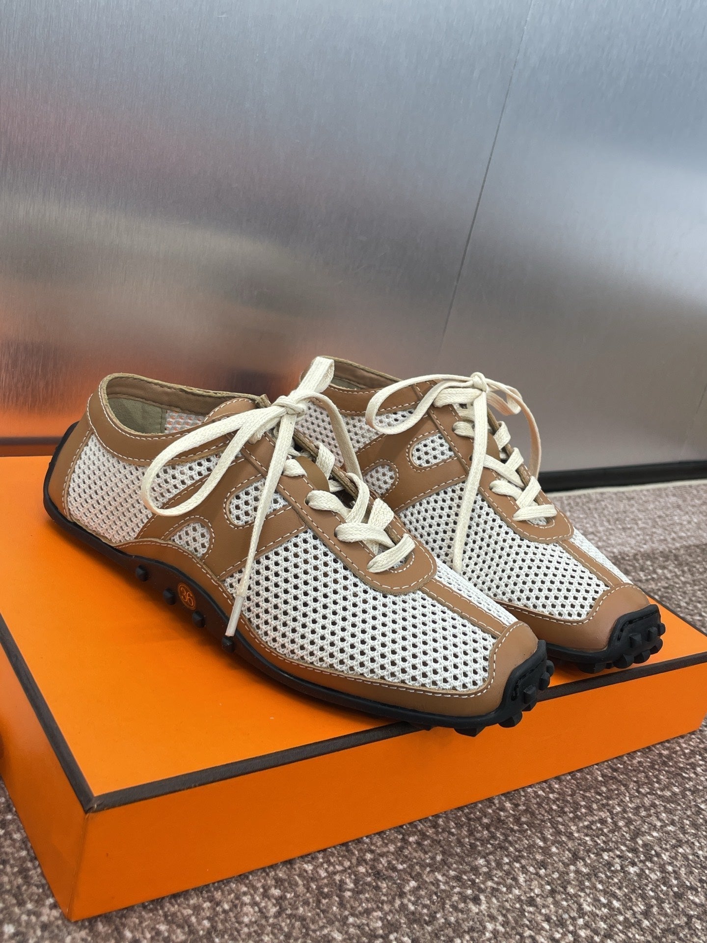 HM 25C Kiga sneaker Brown mix White Crochet knit with Calfskin 208291