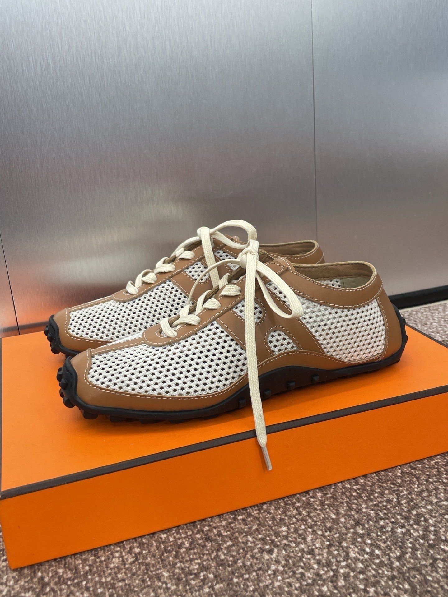 HM 25C Kiga sneaker Brown mix White Crochet knit with Calfskin 208291