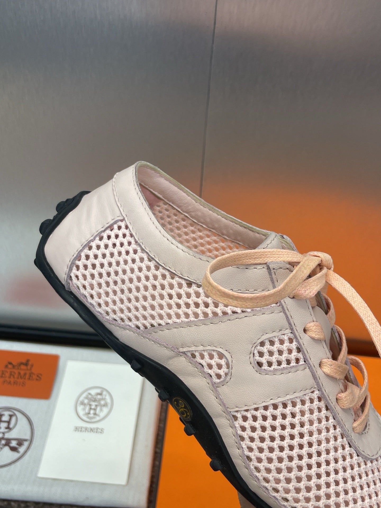 HM 25C Kiga sneaker Pink Pastel Crochet knit with Calfskin 208293