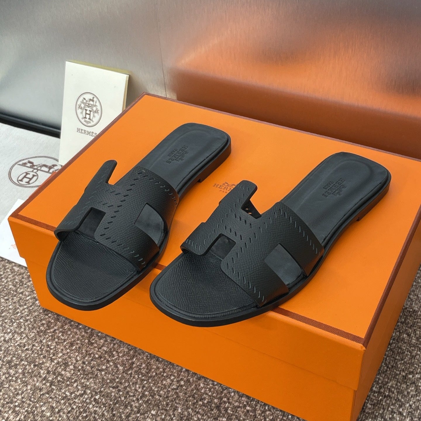 HM 25 Oran Sandal Black Perforate Epsom Leather