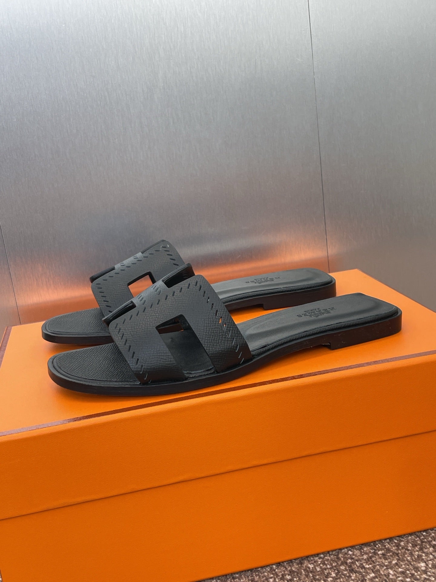 HM 25 Oran Sandal Black Perforate Epsom Leather