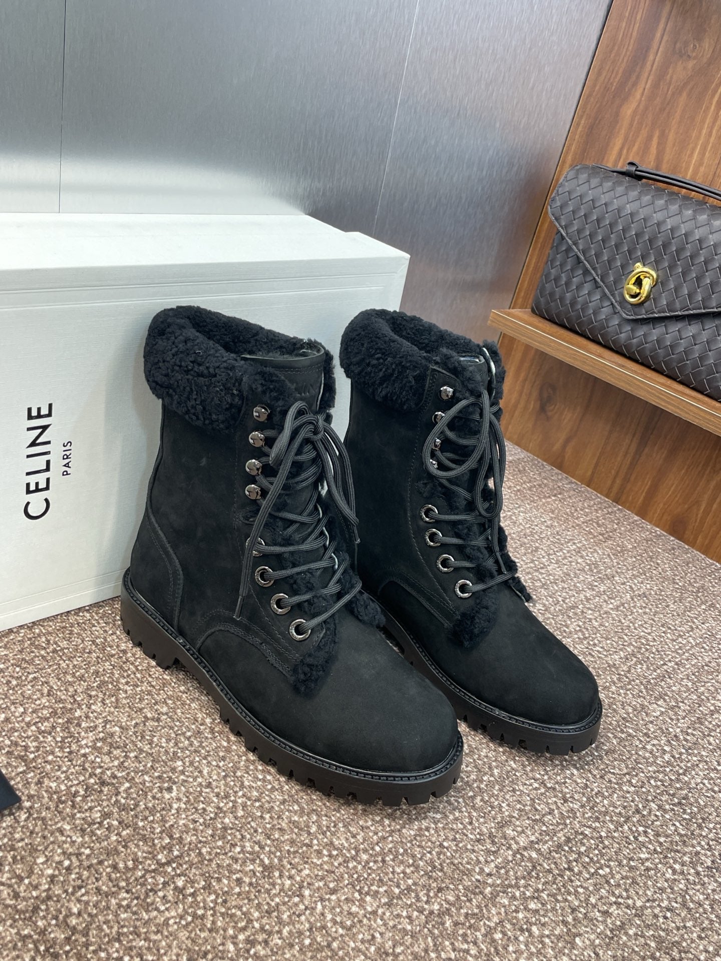 CELINE Ankle Boots Black Suede Lambswool 433387
