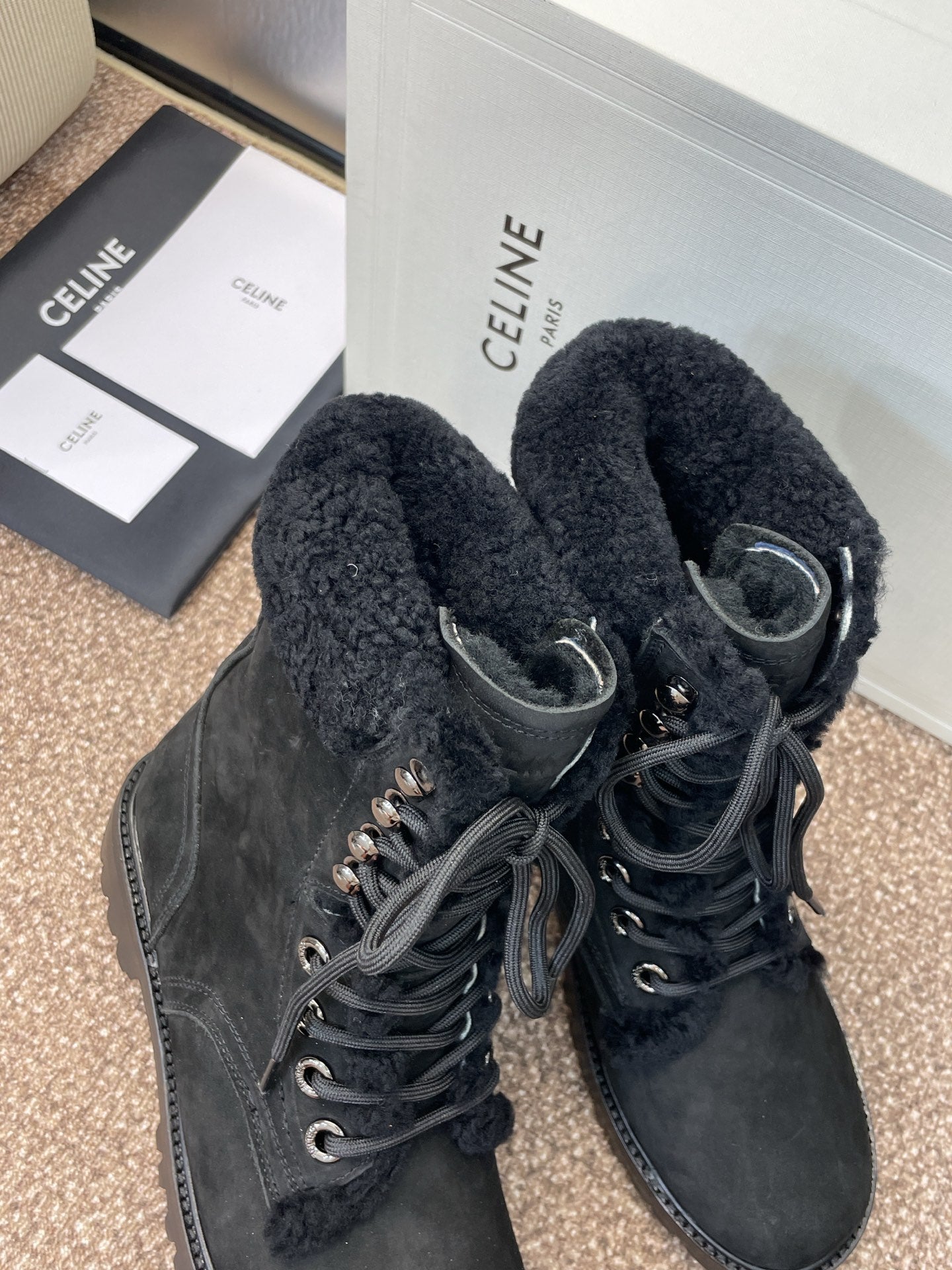 CELINE Ankle Boots Black Suede Lambswool 433387
