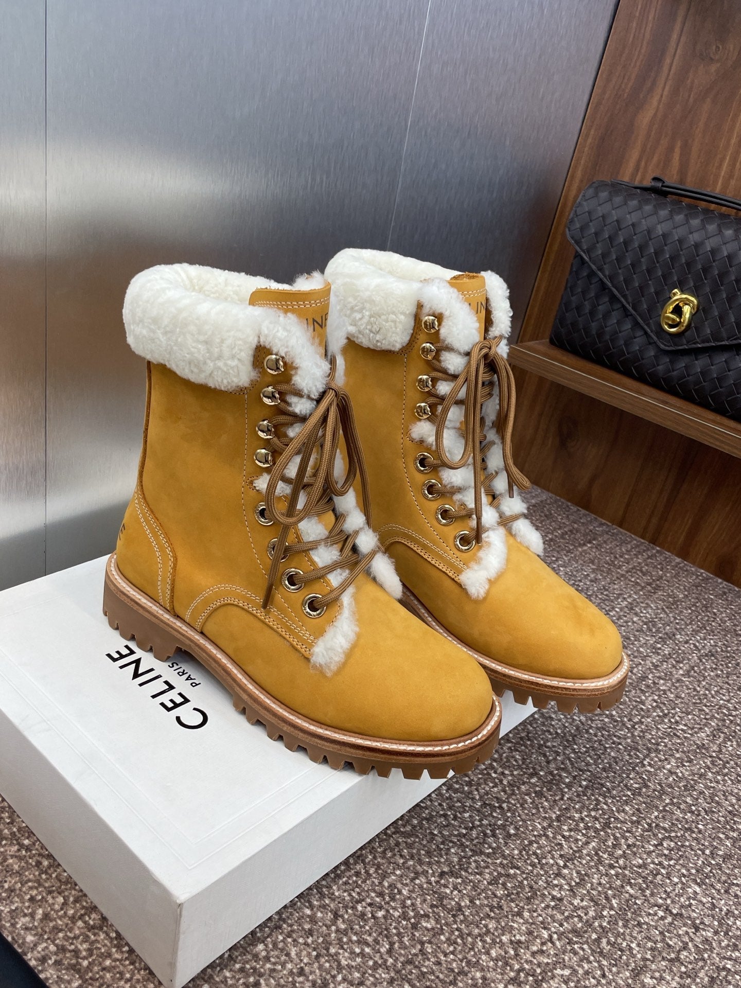 CELINE Ankle Boots Yellow White Suede Lambswool 433388