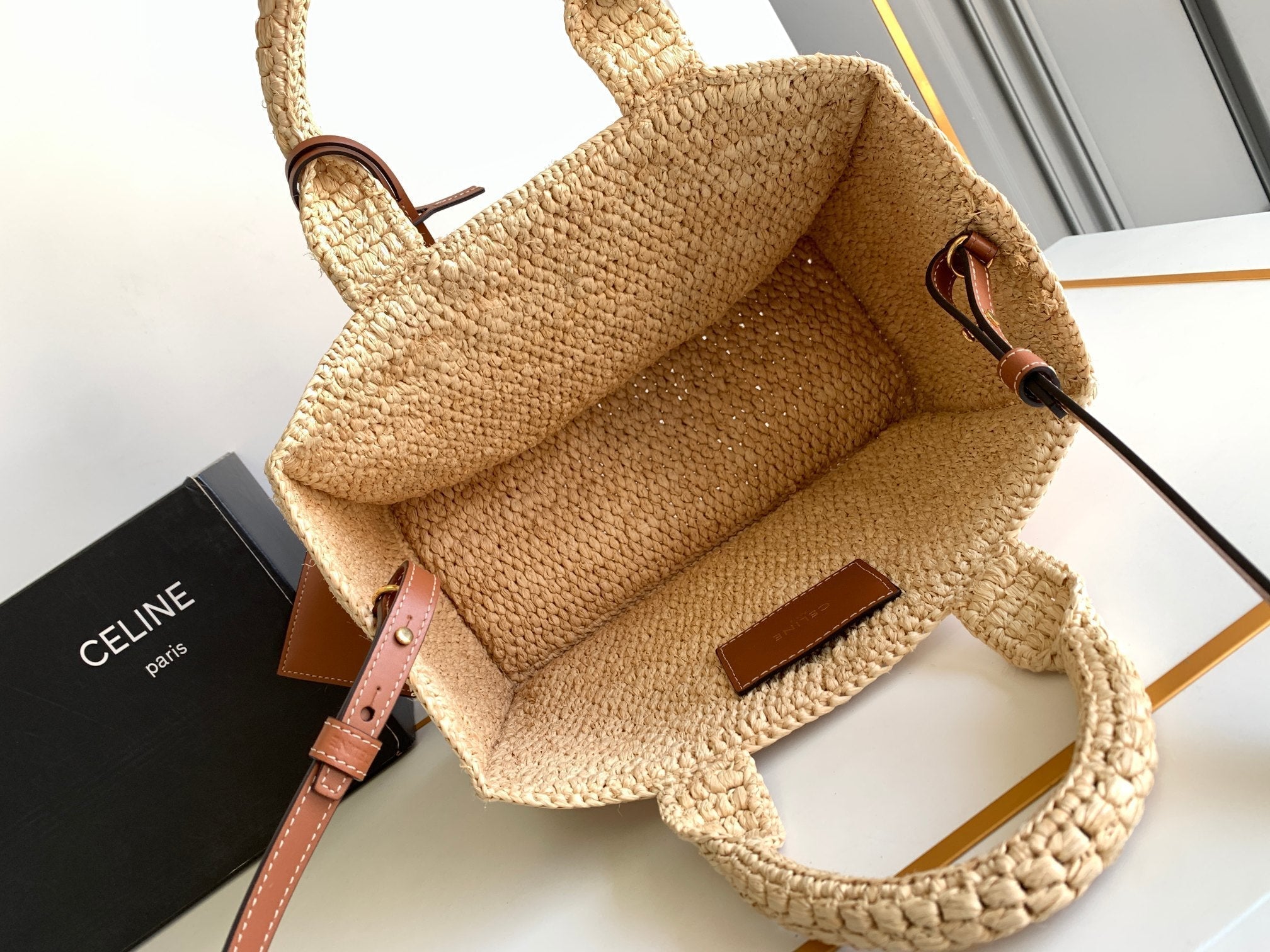 small cabas thais 27cm raffia brown calfskin