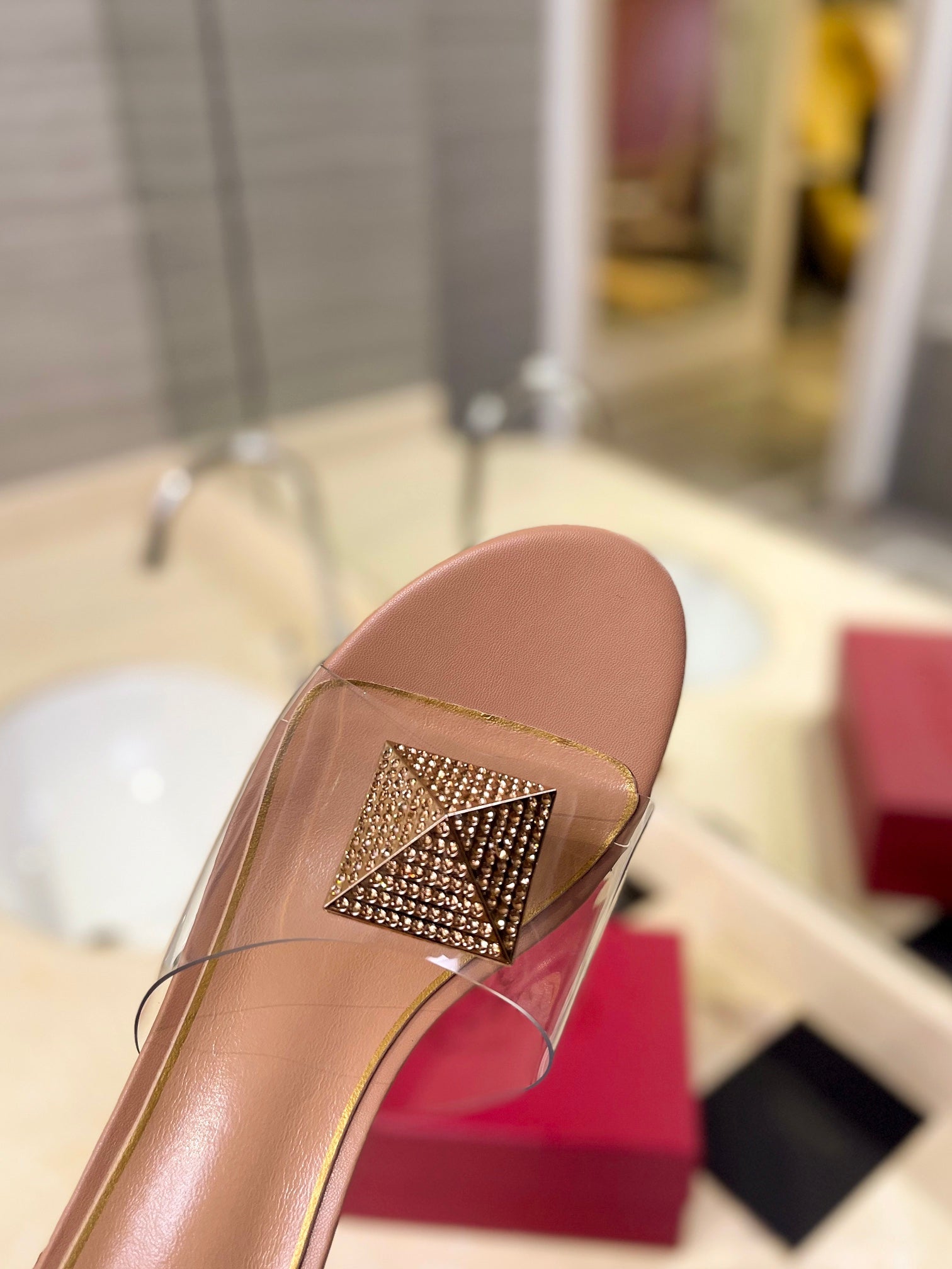 HIGH MULE 60MM IN CAMEL BEIGE SHEEPSKIN AND TRANSPARENT PVC