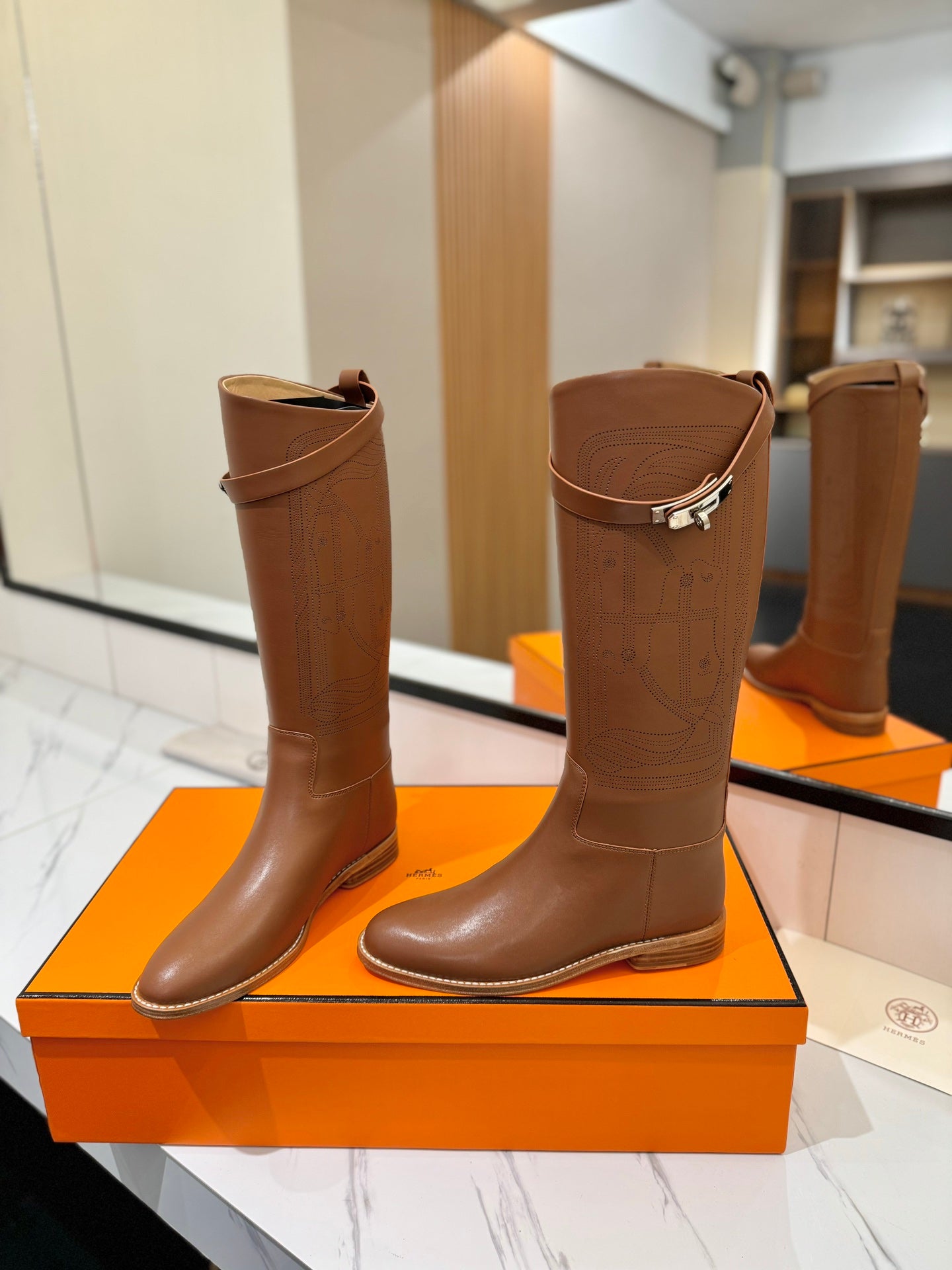 HM Jumping Boot 20MM Brown Printed Pattern Cowhide 992356