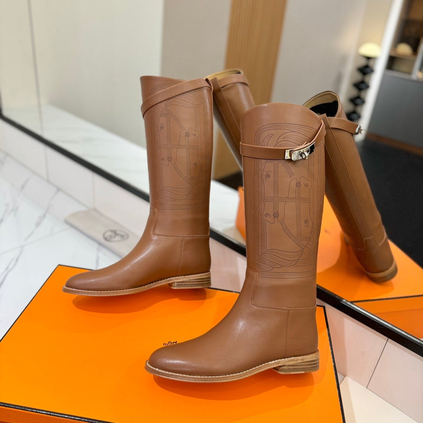 HM Jumping Boot 20MM Brown Printed Pattern Cowhide 992356