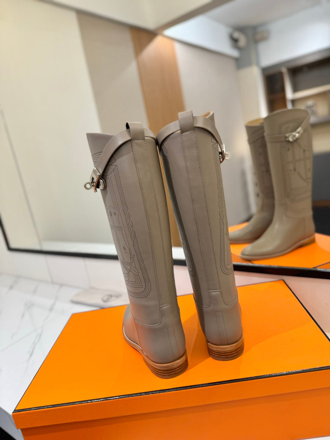 HM Jumping Boot 20MM Grey Beige Printed Pattern Cowhide 992360