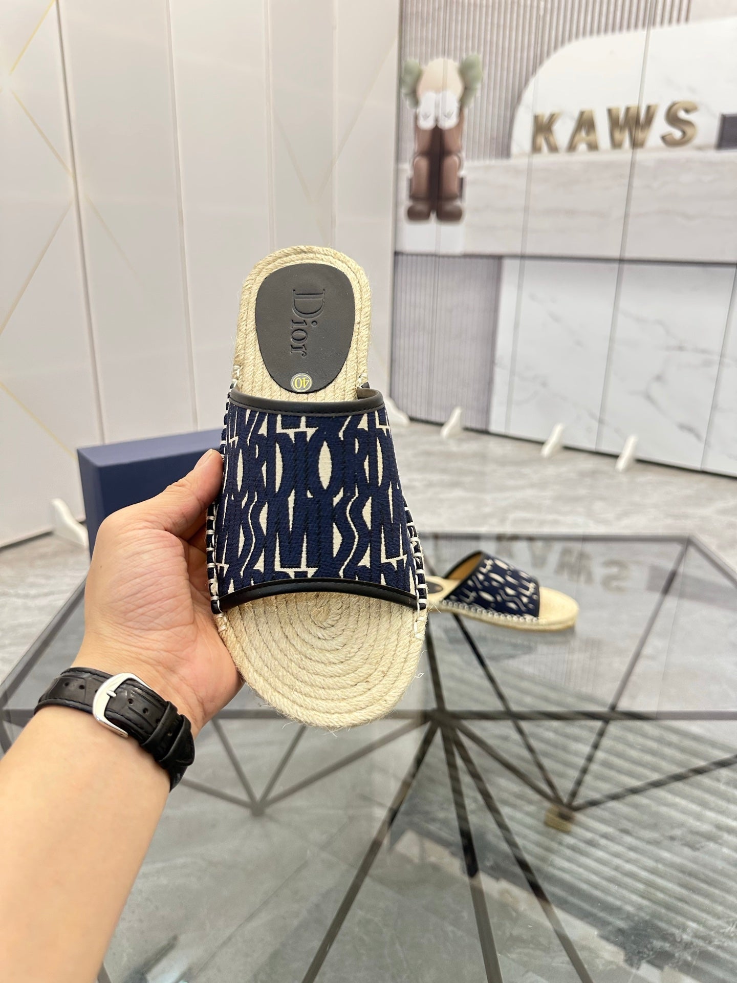 CD Espadrille Slide Navy Blue Printed Fabric 639439