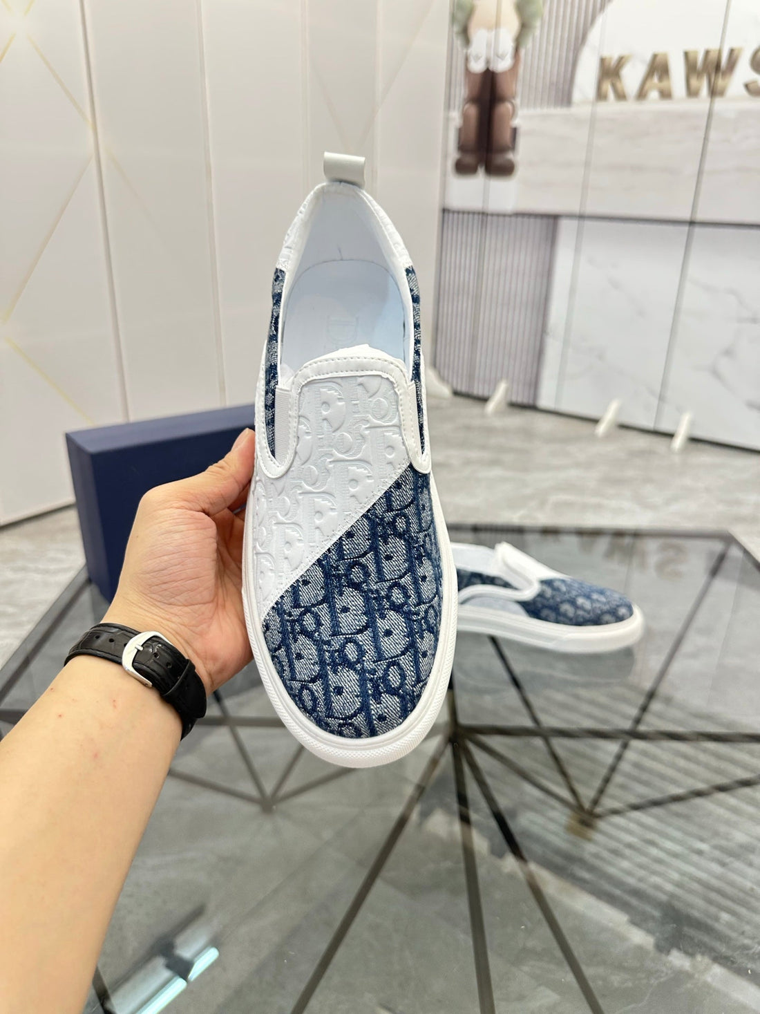 CD Slip on loafer White Blue Cowhide Fabric 647995