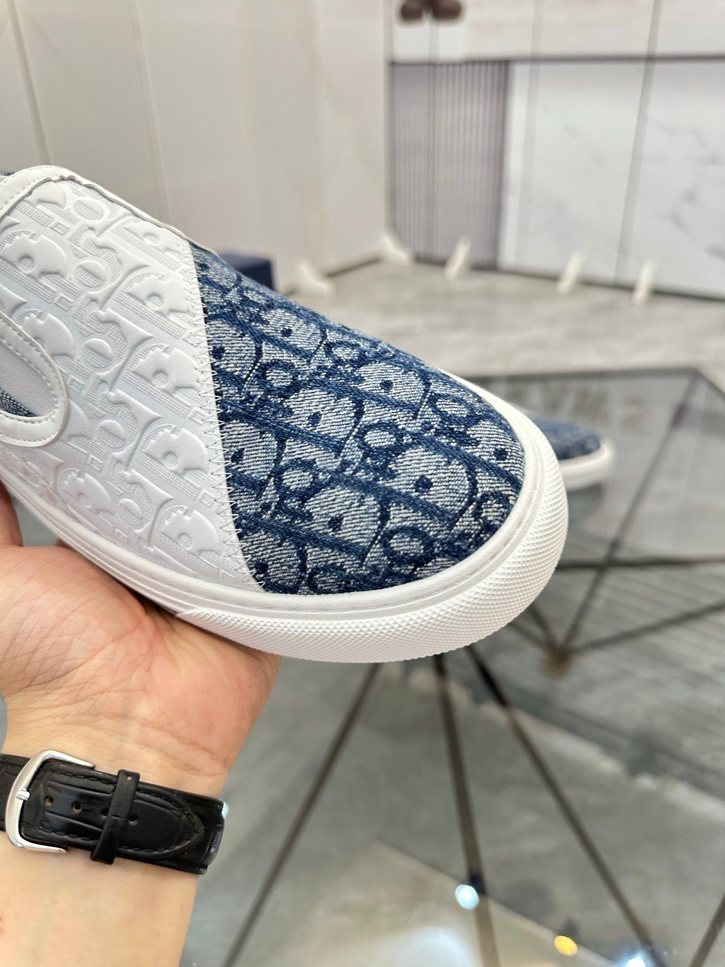 CD Slip on loafer White Blue Cowhide Fabric 647995