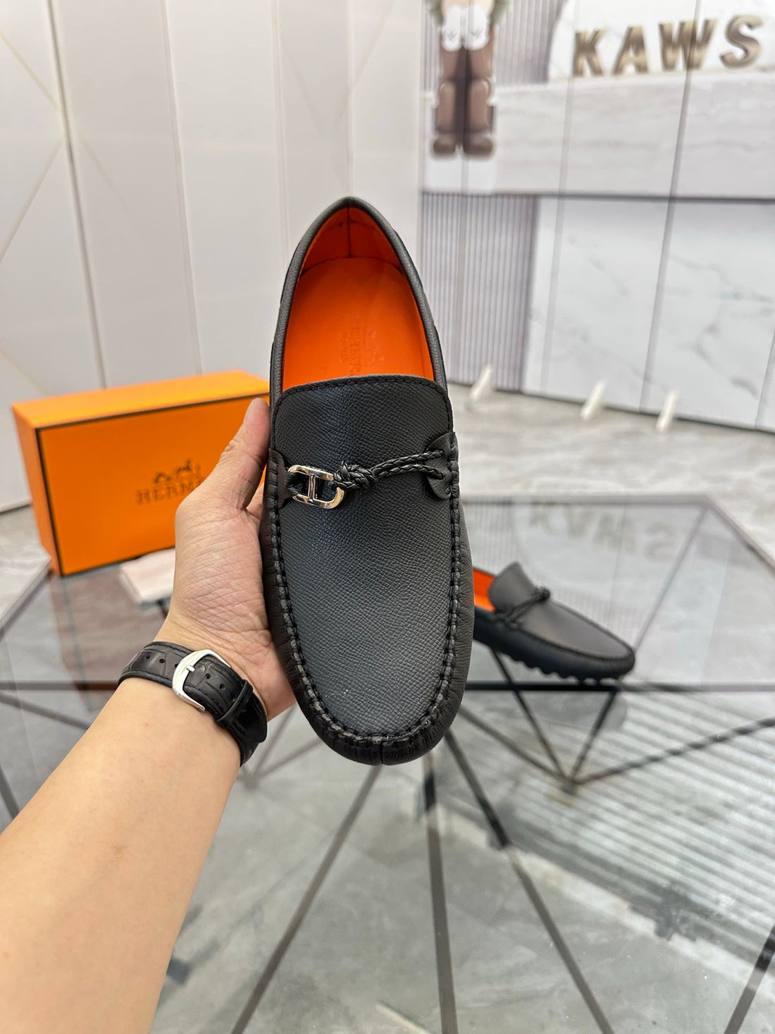 HM Men's Alessandro Loafer Black Orange Embossed Cowhide 697693