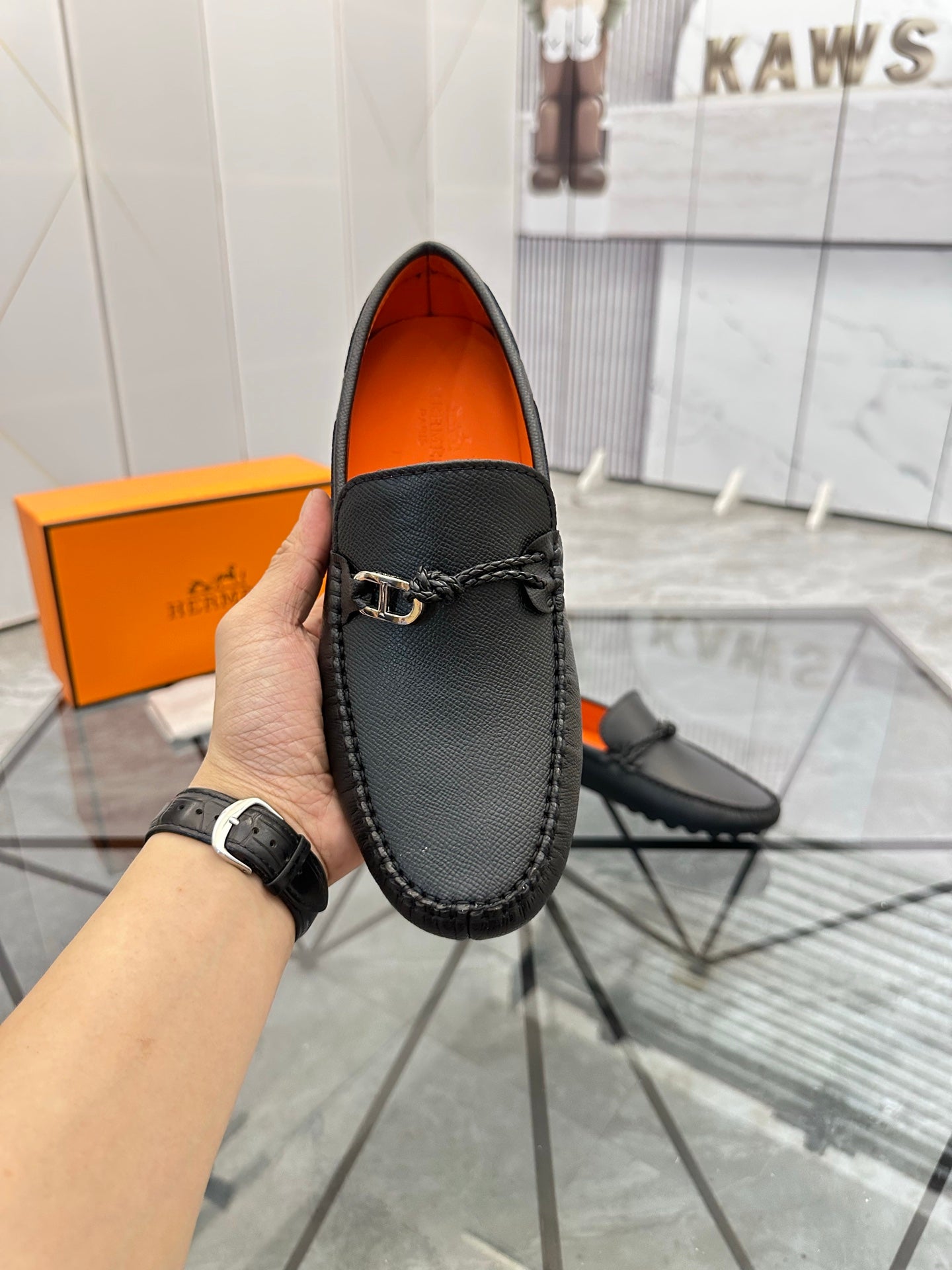 HM Men's Alessandro Loafer Black Orange Embossed Cowhide 697693