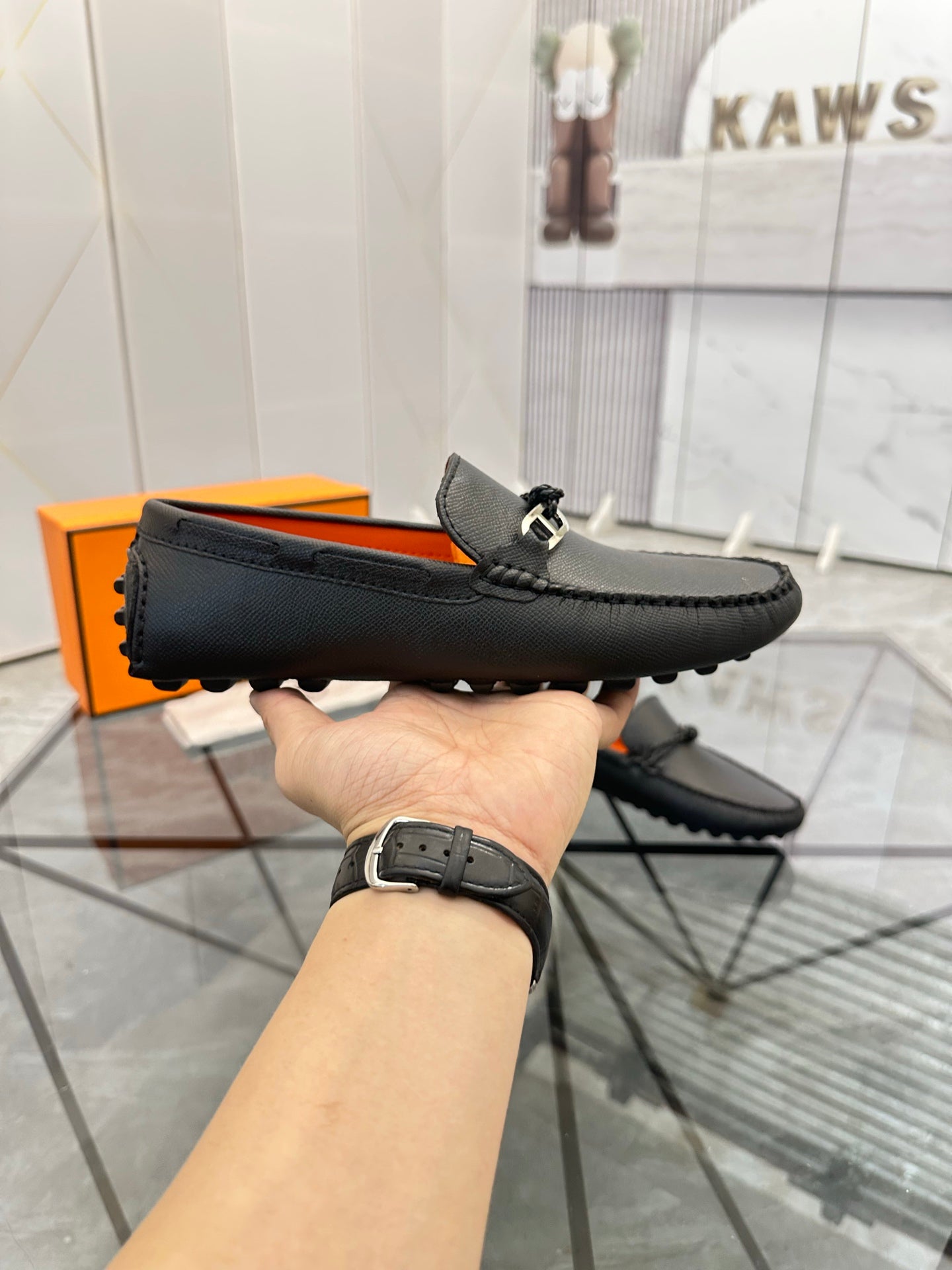 HM Men's Alessandro Loafer Black Orange Embossed Cowhide 697693