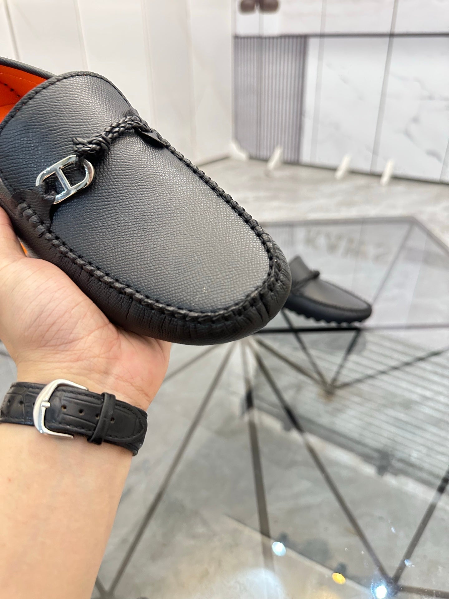 HM Men's Alessandro Loafer Black Orange Embossed Cowhide 697693