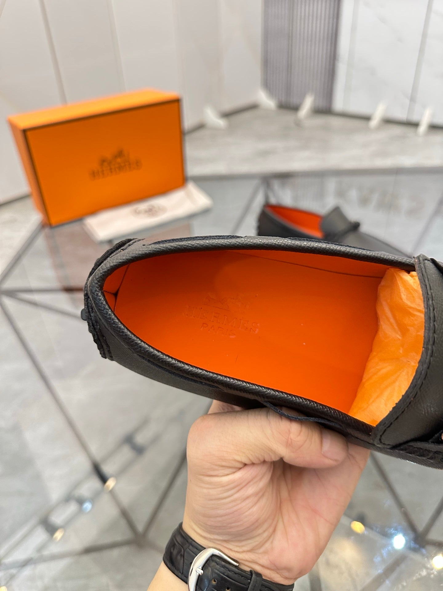 HM Men's Alessandro Loafer Black Orange Embossed Cowhide 697693