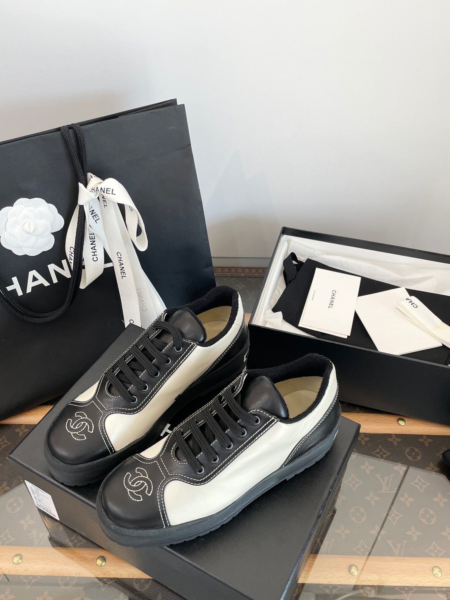 CC Sneaker 40mm In Black Mix White Printed Logo Calfskin 940681