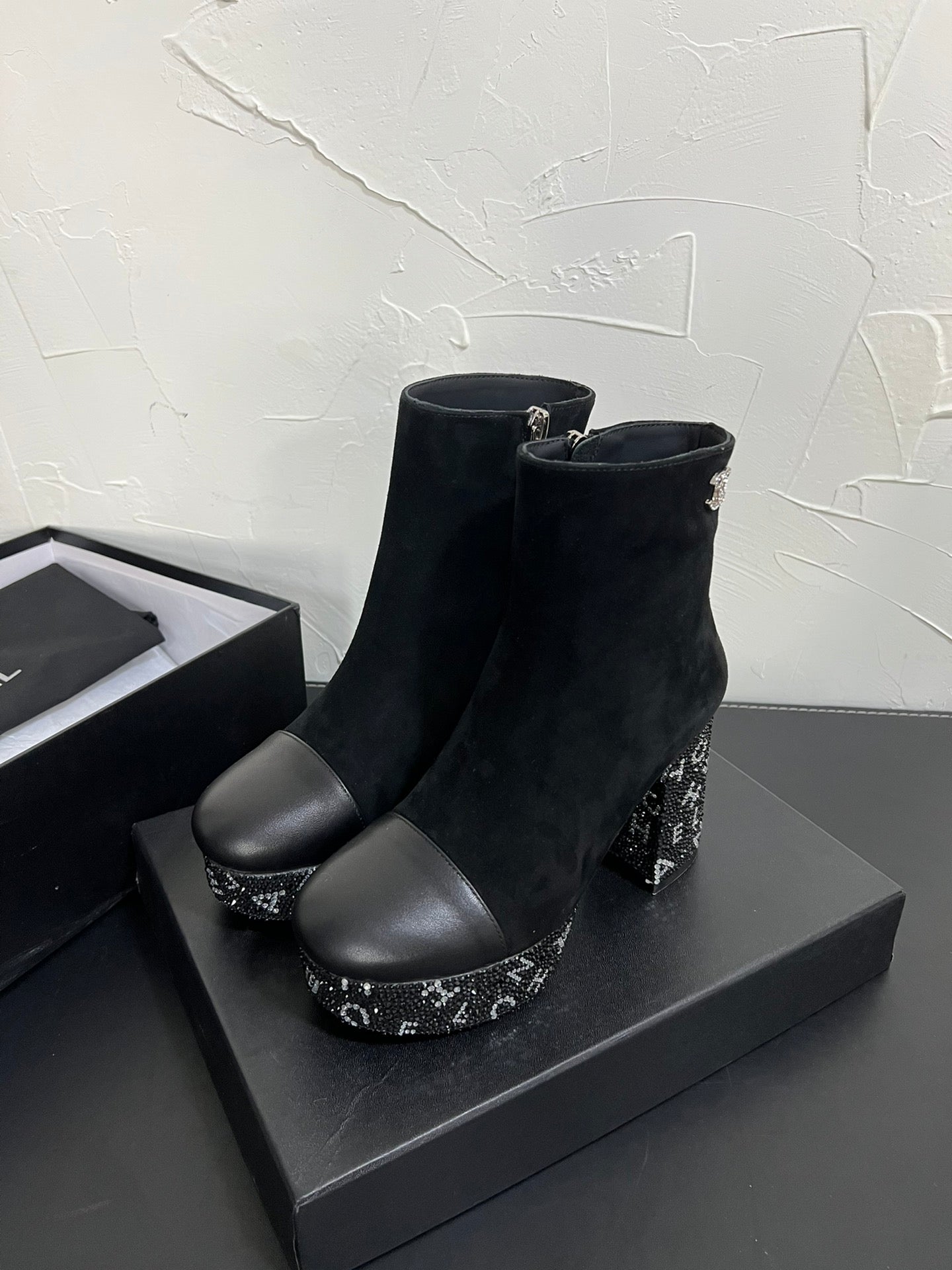 CC Short Boots 95mm In Black With Letters Printed Suede And Lambskin 949659