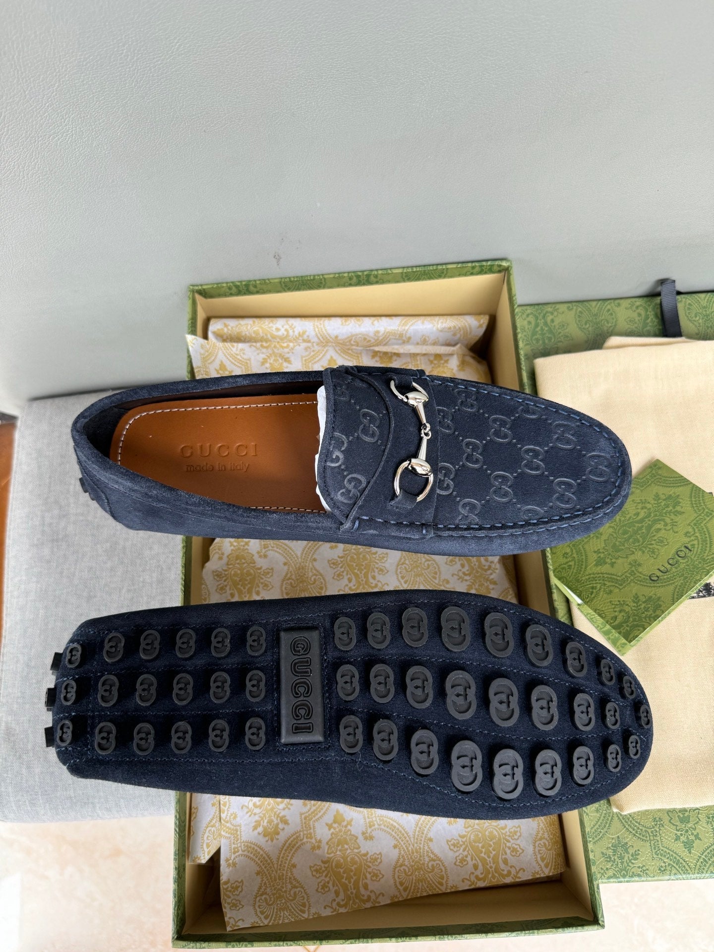 GG Men's Loafer Navy Blue Embossed Suede 555384