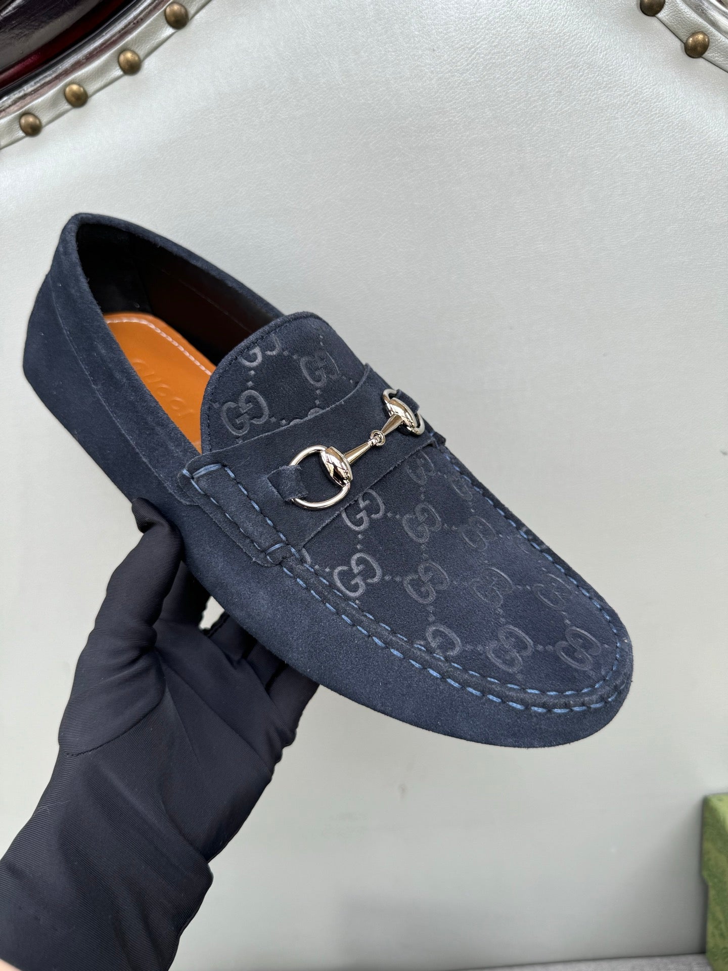 GG Men's Loafer Navy Blue Embossed Suede 555384