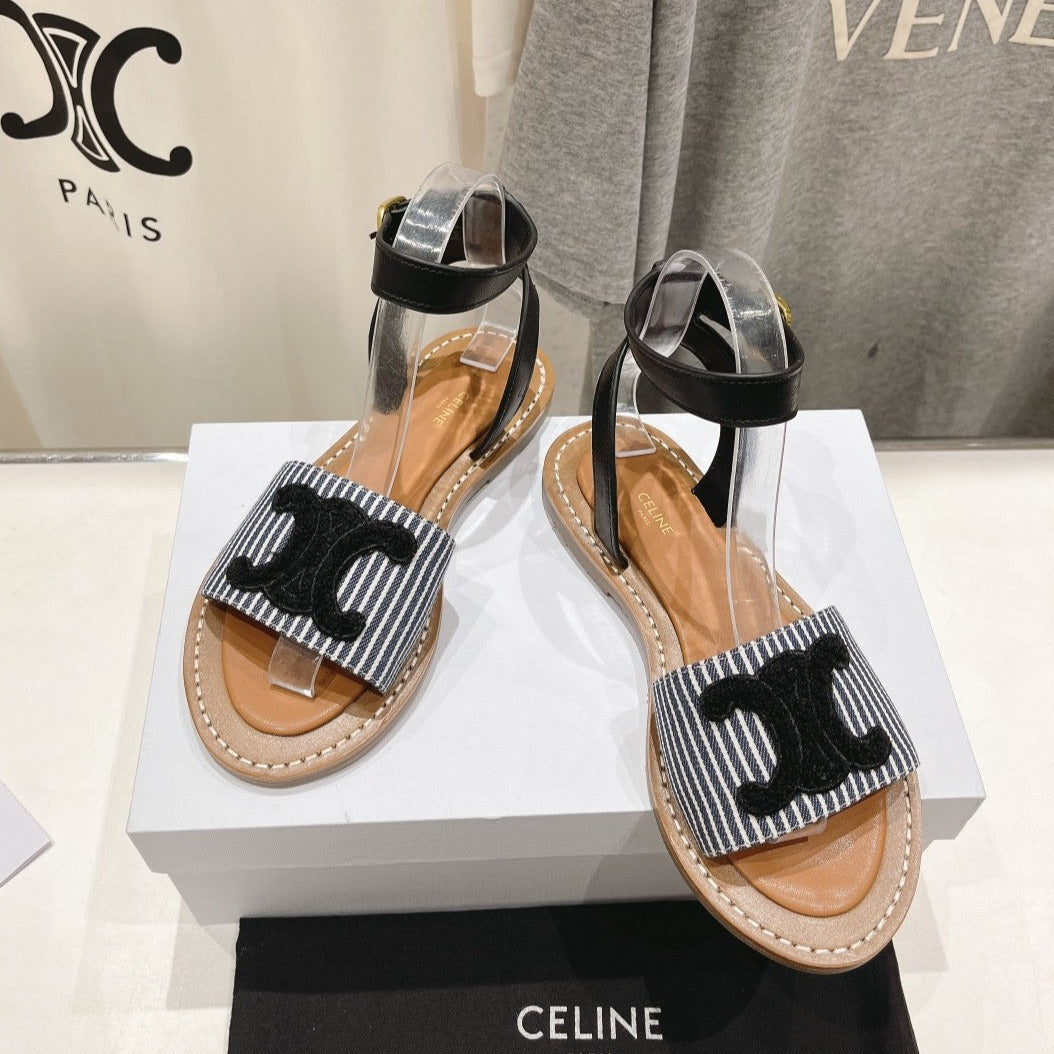 LYMPIA SANDAL IN TRIOMPHE MACCRAMÃ‰ COTTON & CALFSKIN BLACK/NAVY