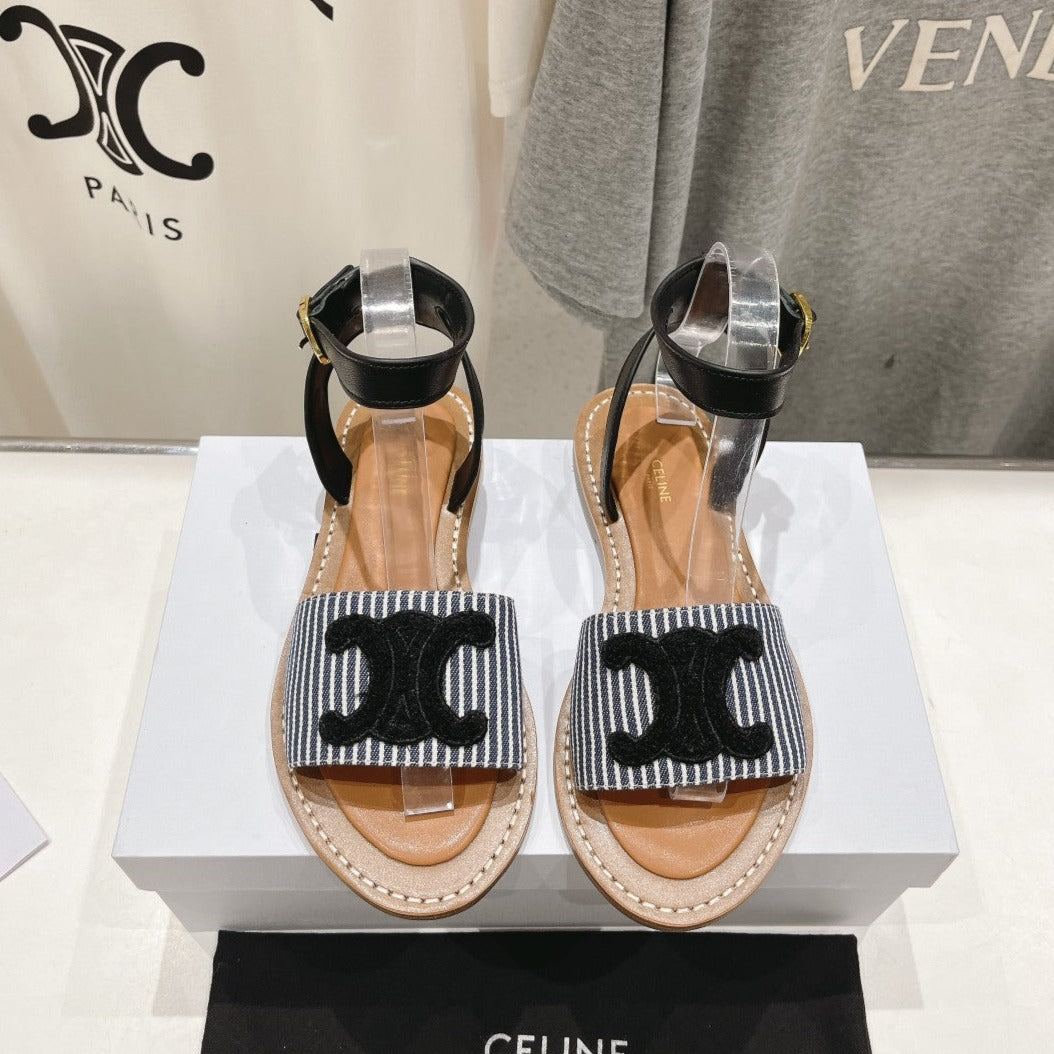 LYMPIA SANDAL IN TRIOMPHE MACCRAMÃ‰ COTTON & CALFSKIN BLACK/NAVY