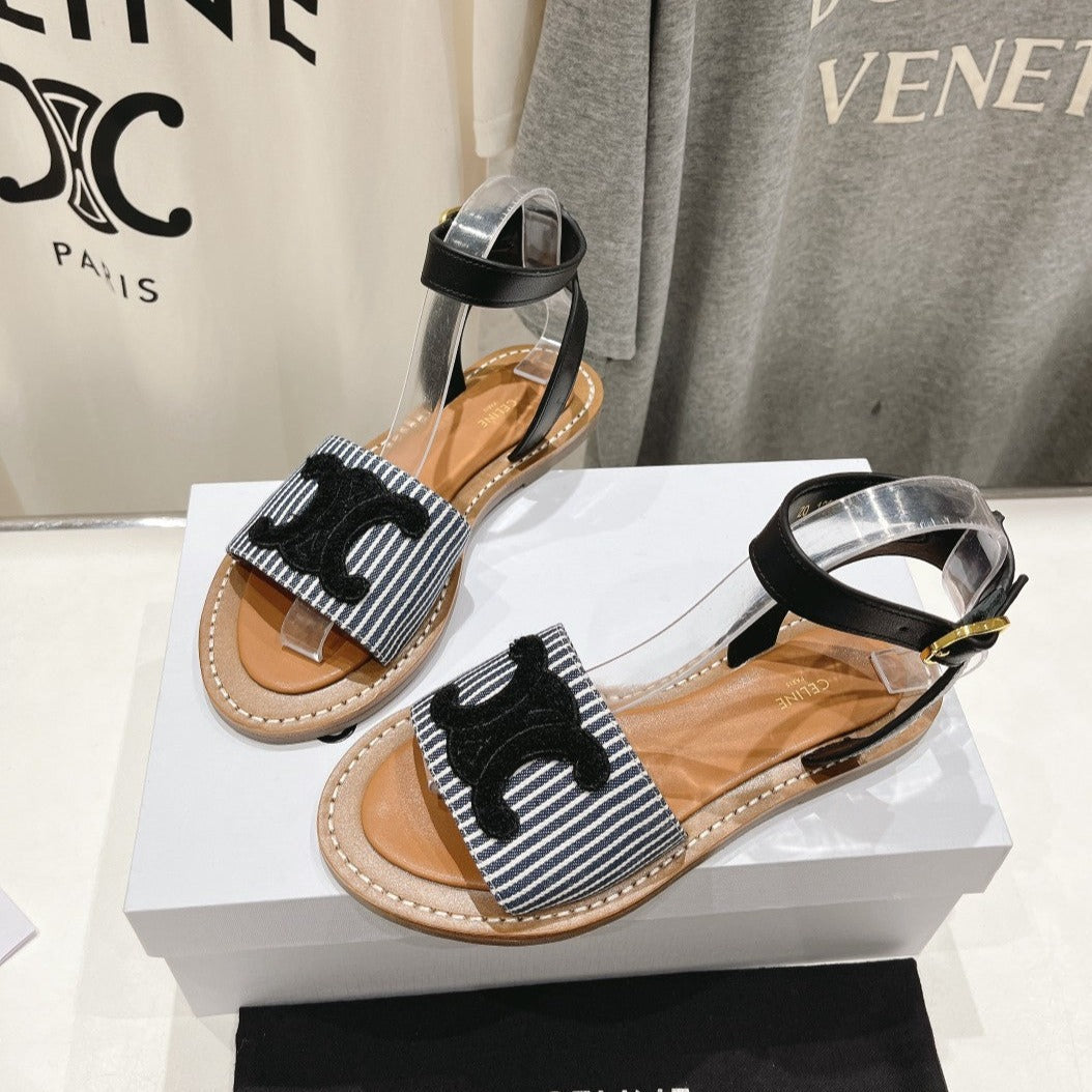 LYMPIA SANDAL IN TRIOMPHE MACCRAMÃ‰ COTTON & CALFSKIN BLACK/NAVY