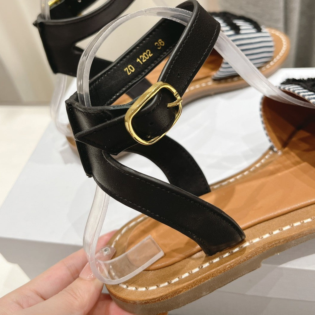 LYMPIA SANDAL IN TRIOMPHE MACCRAMÃ‰ COTTON & CALFSKIN BLACK/NAVY