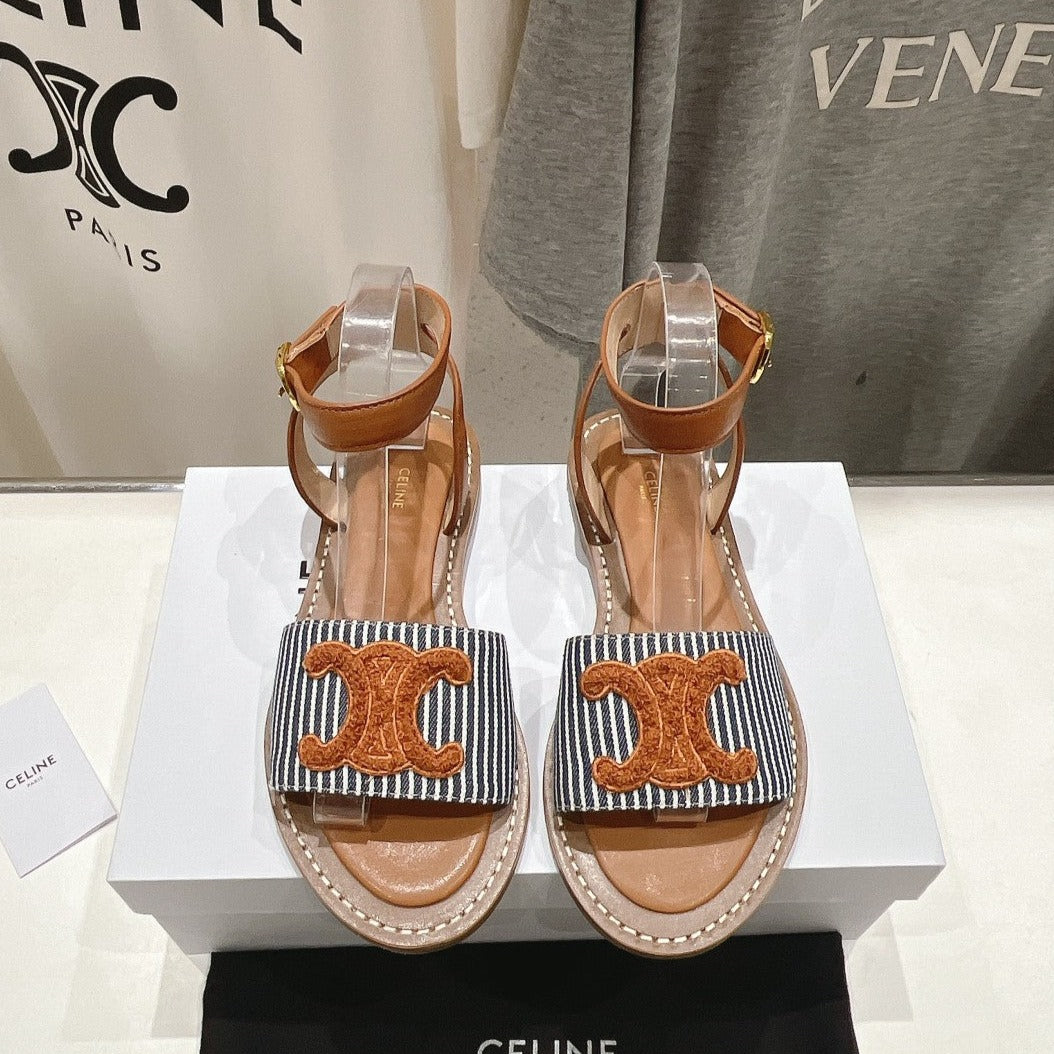 LYMPIA SANDAL IN TRIOMPHE MACCRAMÃ‰ COTTON & CALFSKIN BRONZE BROWN/NAVY