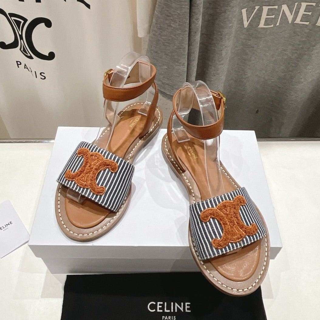 LYMPIA SANDAL IN TRIOMPHE MACCRAMÃ‰ COTTON & CALFSKIN BRONZE BROWN/NAVY