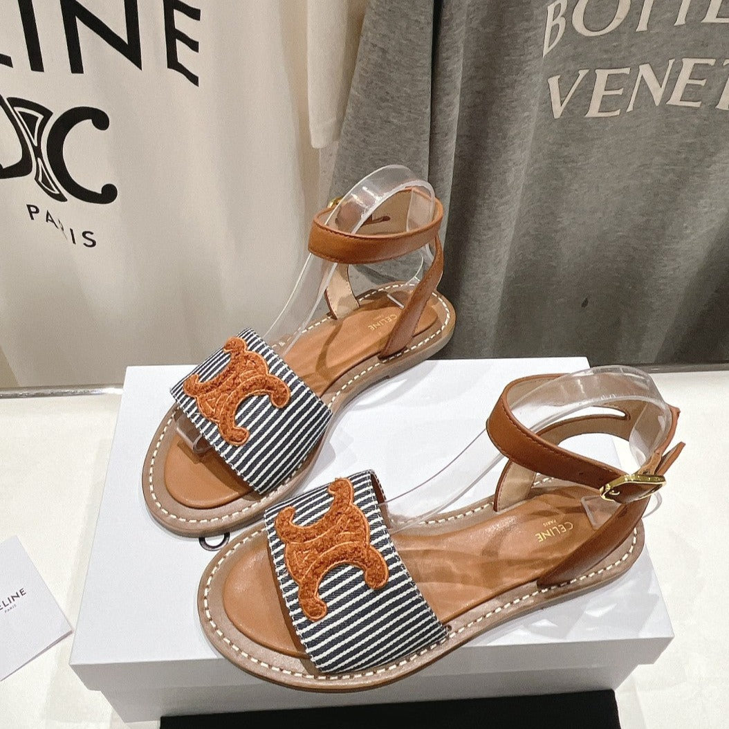 LYMPIA SANDAL IN TRIOMPHE MACCRAMÃ‰ COTTON & CALFSKIN BRONZE BROWN/NAVY
