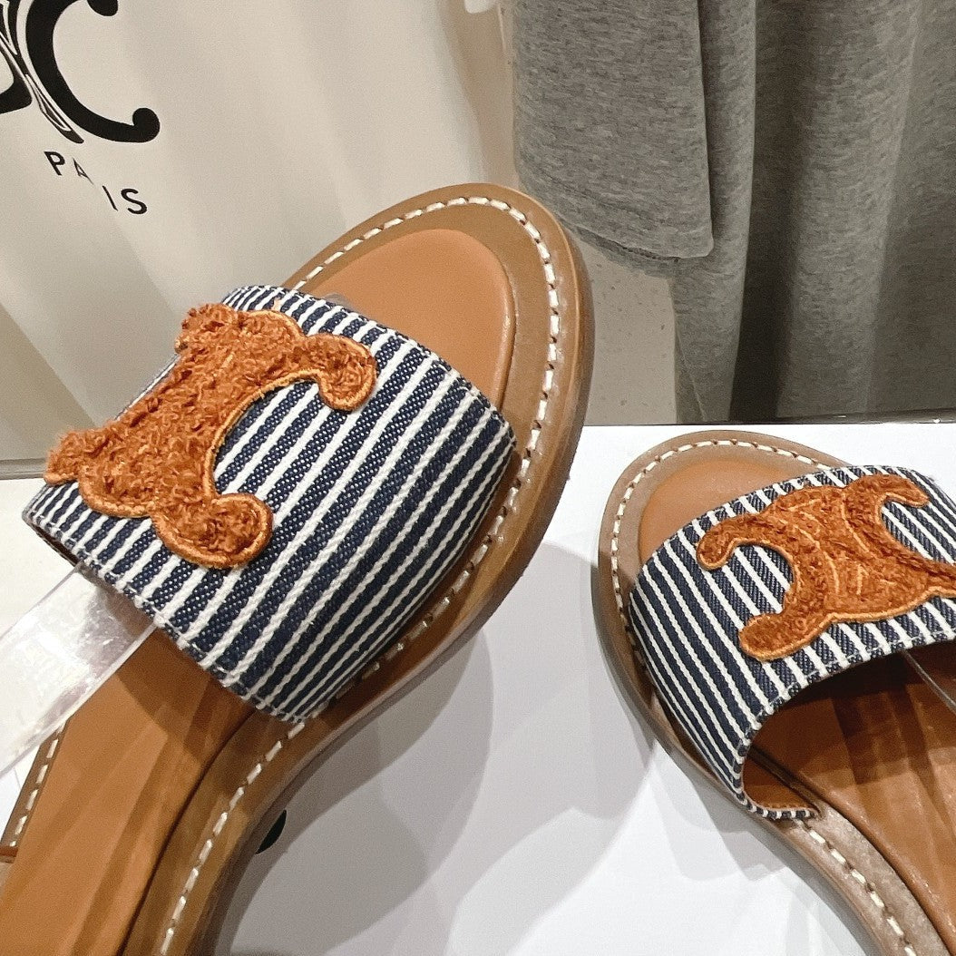 LYMPIA SANDAL IN TRIOMPHE MACCRAMÃ‰ COTTON & CALFSKIN BRONZE BROWN/NAVY