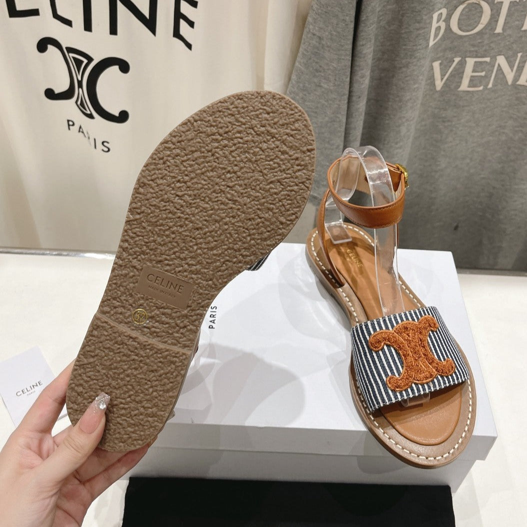 LYMPIA SANDAL IN TRIOMPHE MACCRAMÃ‰ COTTON & CALFSKIN BRONZE BROWN/NAVY