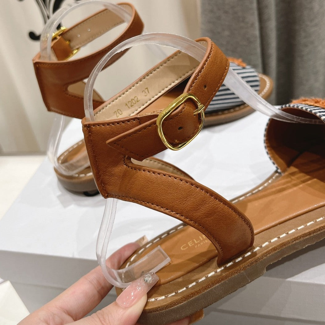 LYMPIA SANDAL IN TRIOMPHE MACCRAMÃ‰ COTTON & CALFSKIN BRONZE BROWN/NAVY