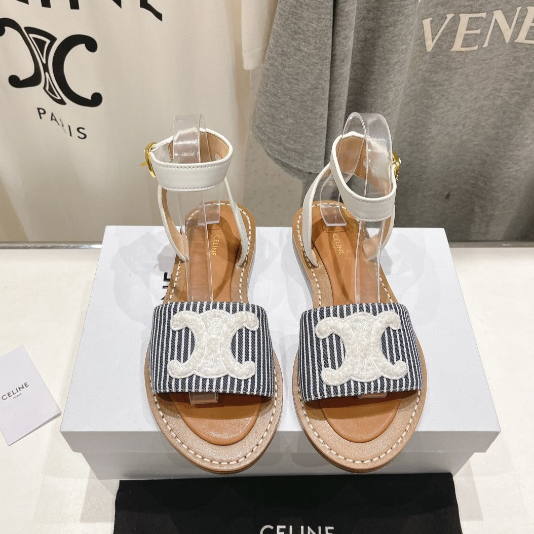 LYMPIA SANDAL IN TRIOMPHE MACCRAMÃ‰ COTTON & CALFSKIN OFF WHITE / NAVY