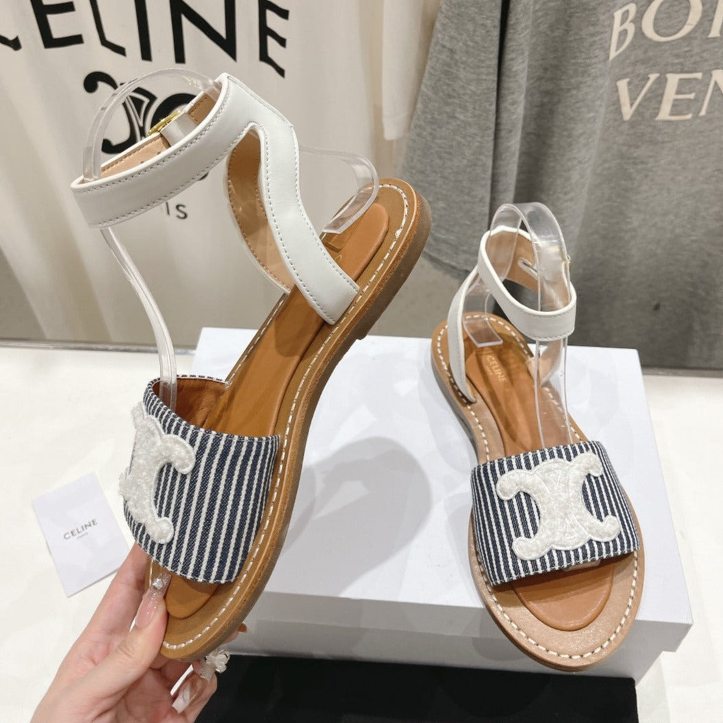LYMPIA SANDAL IN TRIOMPHE MACCRAMÃ‰ COTTON & CALFSKIN OFF WHITE / NAVY