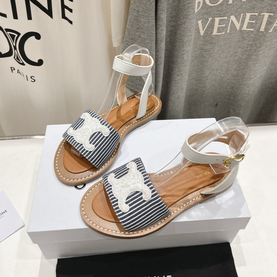 LYMPIA SANDAL IN TRIOMPHE MACCRAMÃ‰ COTTON & CALFSKIN OFF WHITE / NAVY
