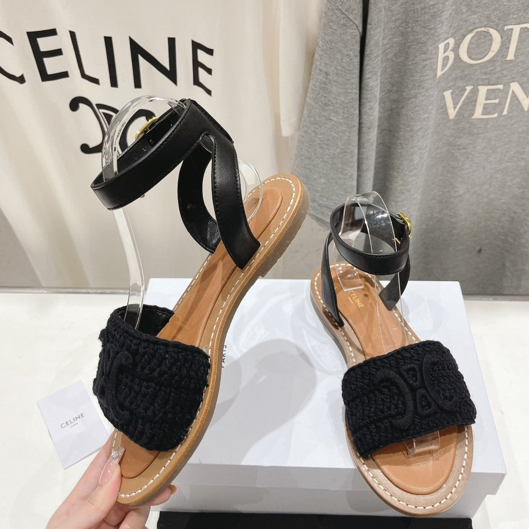 LYMPIA SANDAL IN TRIOMPHE MACCRAMÃ‰ COTTON & CALFSKIN BLACK