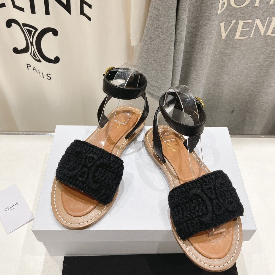 LYMPIA SANDAL IN TRIOMPHE MACCRAMÃ‰ COTTON & CALFSKIN BLACK