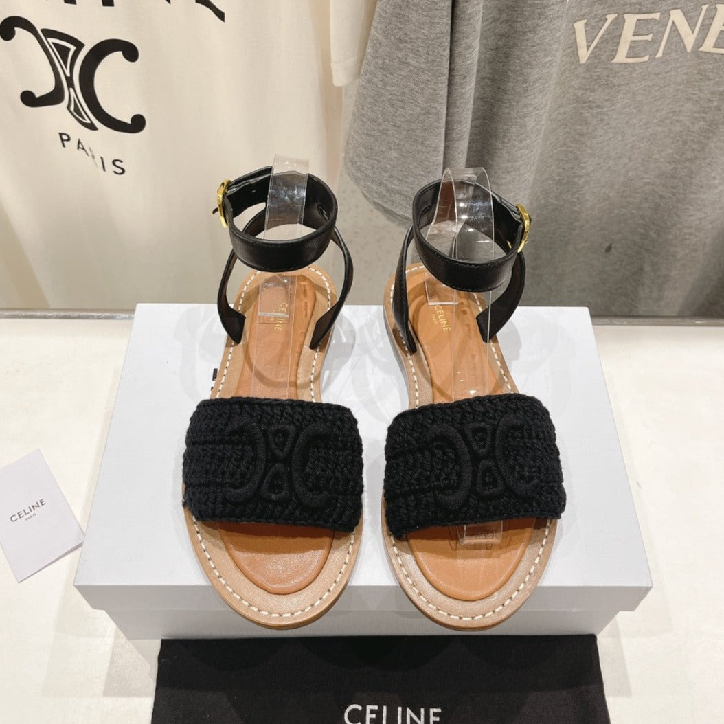 LYMPIA SANDAL IN TRIOMPHE MACCRAMÃ‰ COTTON & CALFSKIN BLACK